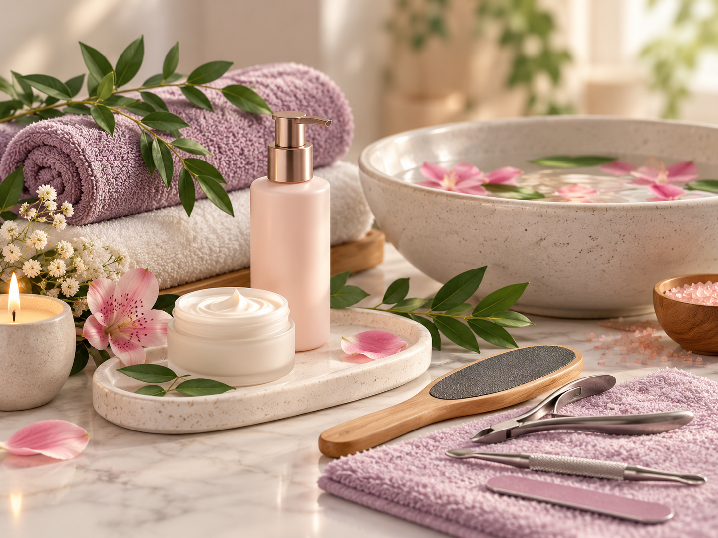 Verzorgde pedicureproducten en materialen in zachte Pedivine-kleuren